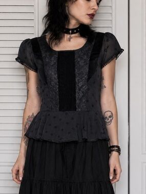 Whimsy Black Polka Dot Lace Peplum Top by June & Ivy